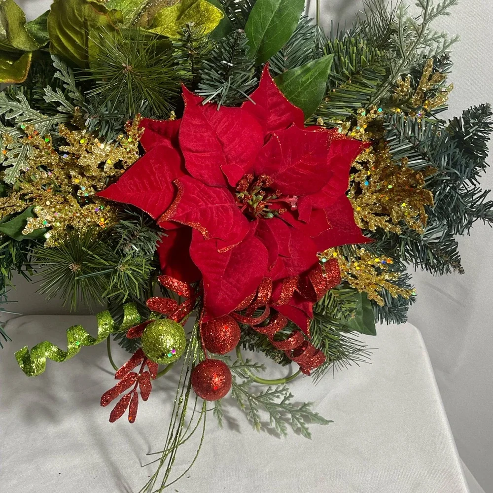 Christmas Wall Swag Poinsettia Red & Green Glitter Picks Holiday Décor